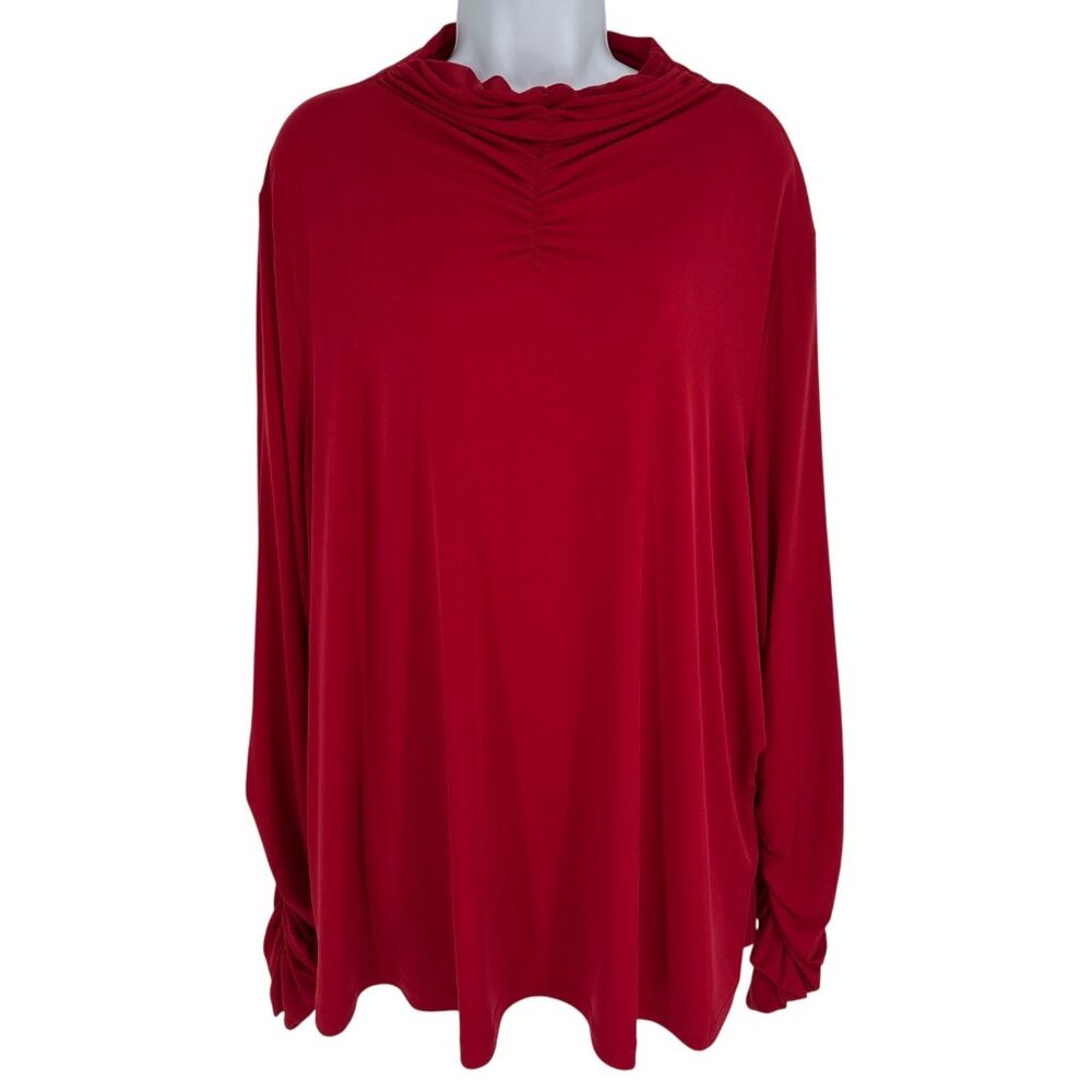 Susan Graver Womens Red Ruched Neck and Long Sleeve Liquid Knit Top Size 2X